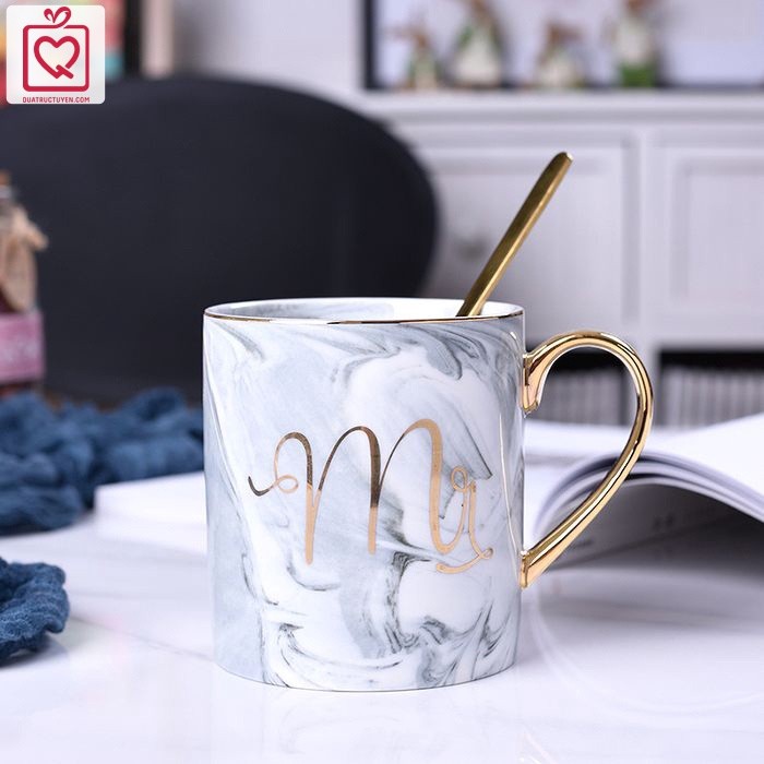 Cốc sứ họa tiết vân đá Mr Mrs 450ml kèm thìa, ly sứ uống trà, nước văn phòng