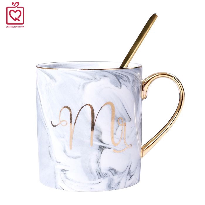 Cốc sứ họa tiết vân đá Mr Mrs 450ml kèm thìa, ly sứ uống trà, nước văn phòng