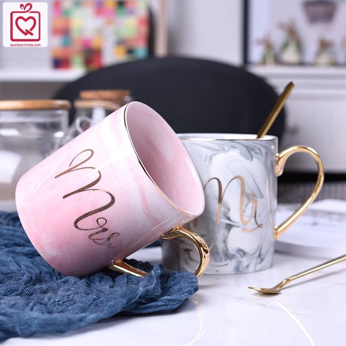 Cốc sứ họa tiết vân đá Mr Mrs 450ml kèm thìa, ly sứ uống trà, nước văn phòng