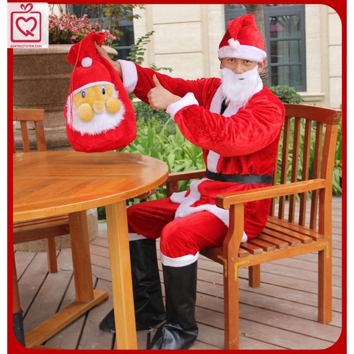 Bộ quần áo ông già noel người lớn vải nhung 7 phụ kiện (40-80kg)