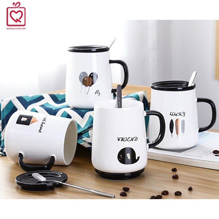 Cốc sứ có nắp thông điệp Tiếng Anh 450ml kèm thìa tiện lợi - quà tặng sinh nhật, bạn gái, bạn trai