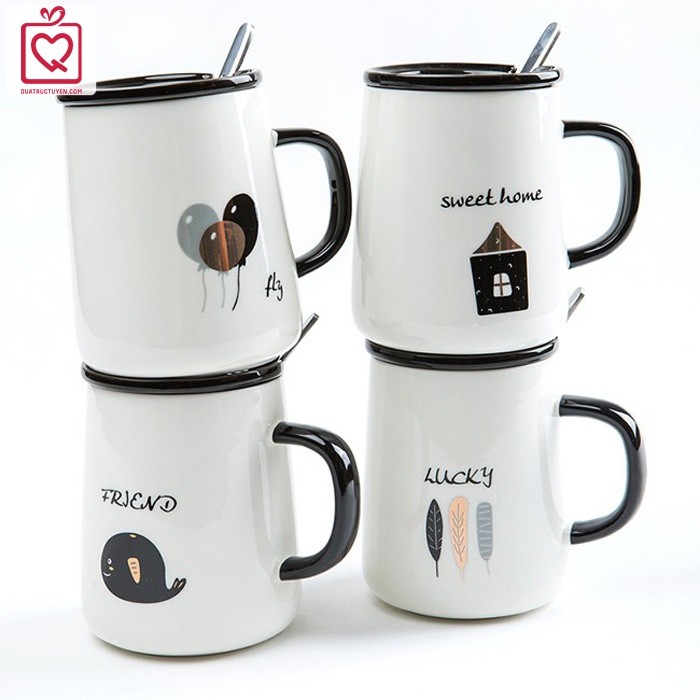 Cốc sứ có nắp thông điệp Tiếng Anh 450ml kèm thìa tiện lợi - quà tặng sinh nhật, bạn gái, bạn trai