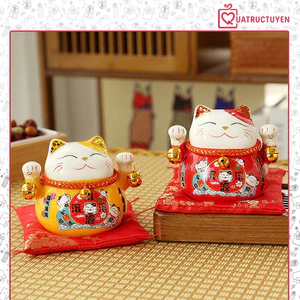 Mèo thần tài may mắn 14cm /10cm Tài lộc như ý, mèo chiêu tài gốm sứ có khe tiết kiệm