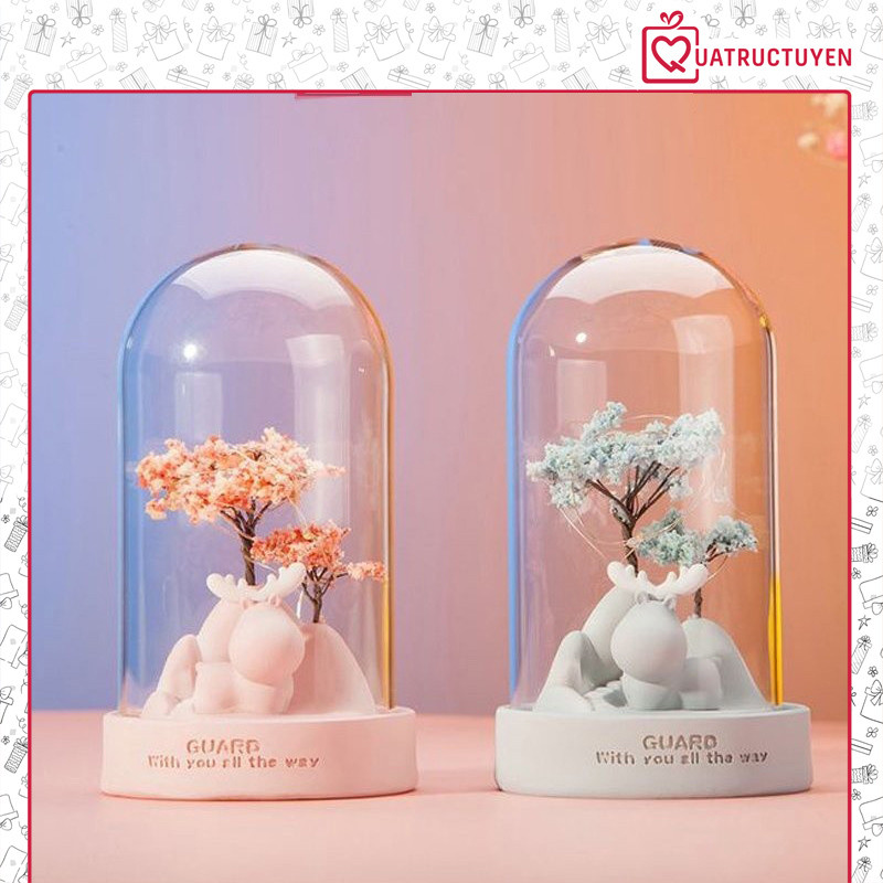 Hộp đèn trang trí để bàn Tuần lộc vệ sĩ ngộ nghĩnh (xanh/hồng) quà tặng sinh nhật, giáng sinh, 14/02
