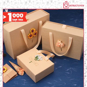 Hộp quà kraft kiểu túi xách cao cấp kèm rơm lót và Thiệp vintage tặng sinh nhật, 20/11