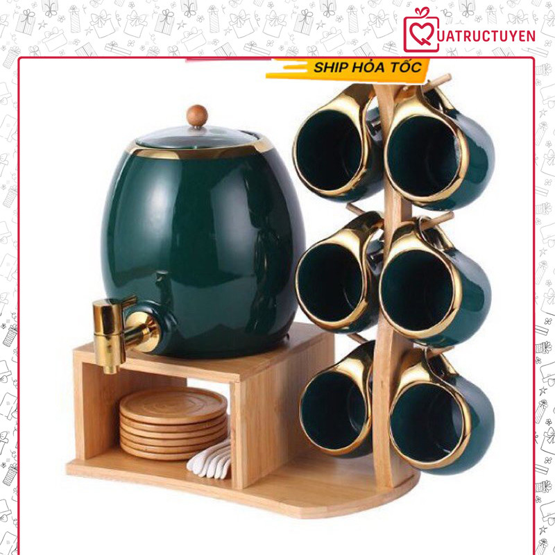 Bộ bình rót nước kèm 6 cốc sứ giá gỗ thìa sứ - Xanh ngọc bích - Quà tặng tân gia, khai trương