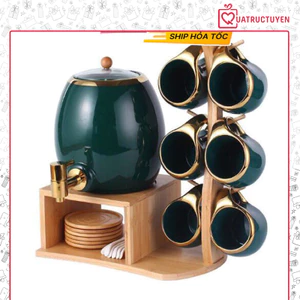 Bộ bình rót nước kèm 6 cốc sứ giá gỗ thìa sứ - Xanh ngọc bích - Quà tặng tân gia, khai trương