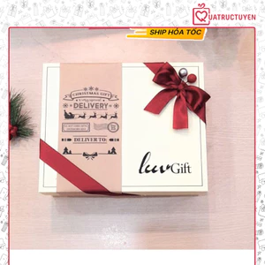 Hộp đựng quà giáng sinh Luvgift màu trắng sữa kèm túi, phụ kiện quả thông, rơm giấy lót, đèn led