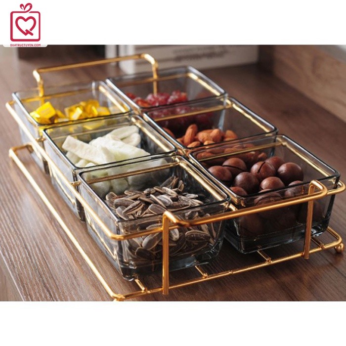 Khay mứt đựng bánh kẹo Tết vuông -hũ thủy tinh xanh, trắng giá sắt nắp trong suốt