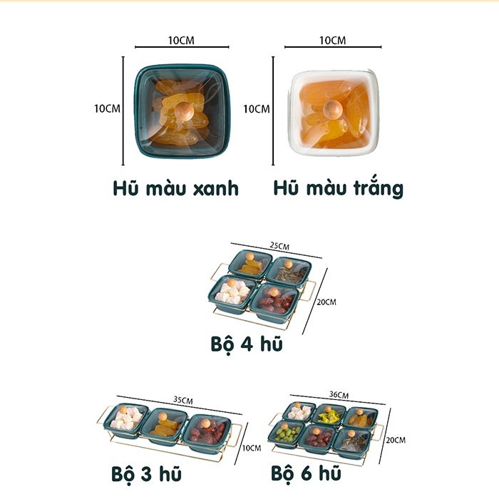 Khay mứt đựng bánh kẹo Tết vuông -hũ thủy tinh xanh, trắng giá sắt nắp trong suốt