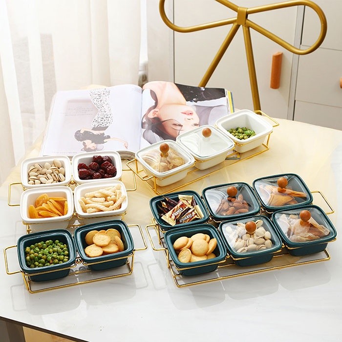 Khay mứt đựng bánh kẹo Tết vuông -hũ thủy tinh xanh, trắng giá sắt nắp trong suốt