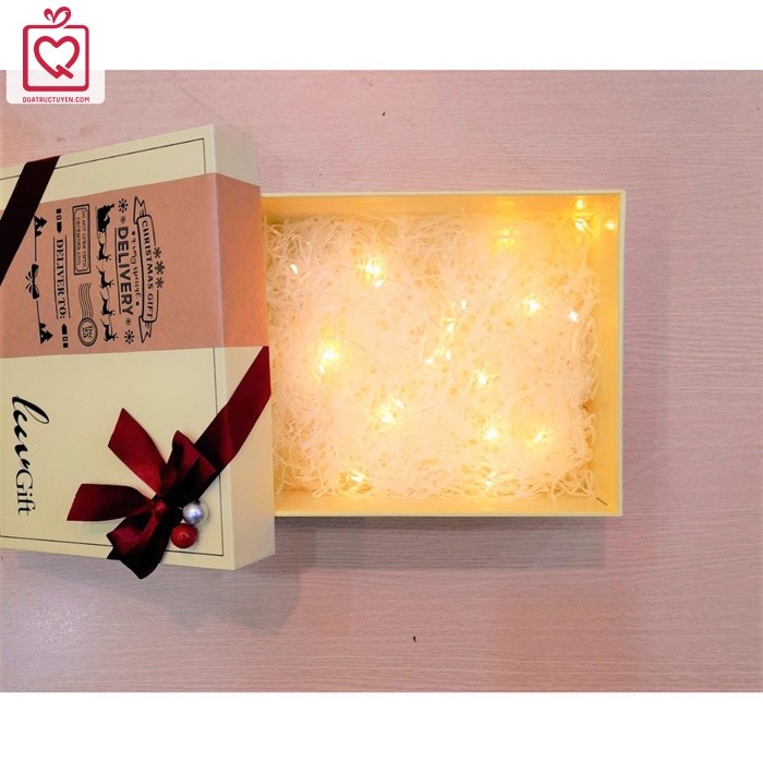 Hộp đựng quà giáng sinh Luvgift màu trắng sữa kèm túi, phụ kiện quả thông, rơm giấy lót, đèn led