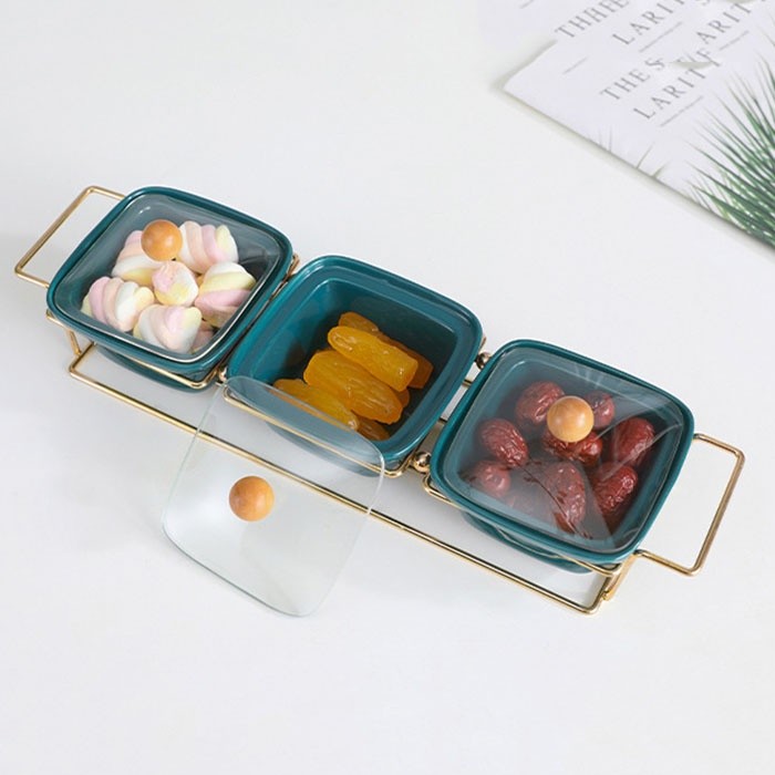 Khay mứt đựng bánh kẹo Tết vuông -hũ thủy tinh xanh, trắng giá sắt nắp trong suốt