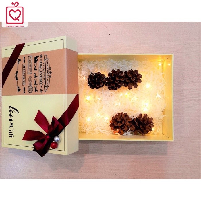 Hộp đựng quà giáng sinh Luvgift màu trắng sữa kèm túi, phụ kiện quả thông, rơm giấy lót, đèn led