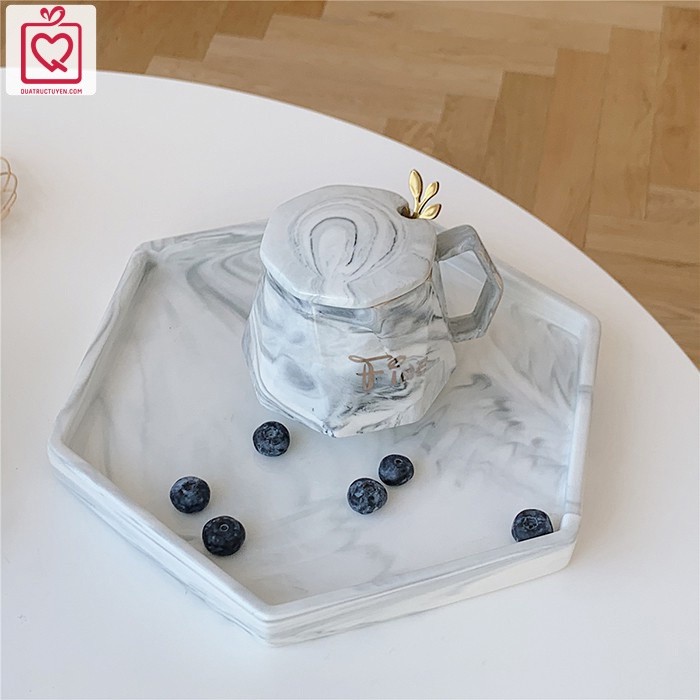 Bộ quà tặng sinh nhật cốc sứ uống trà cà phê kim cương vân đá kèm thìa, hộp quà sang trọng