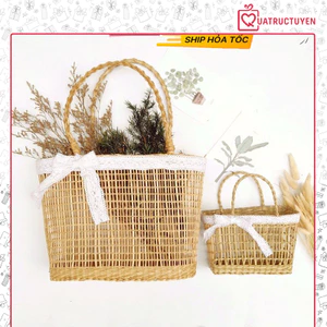 Túi đựng quà bằng cói thắt nơ Vintage, túi đi du lịch, picnic, đi biển đan mây kèm nơ ren điệu đà