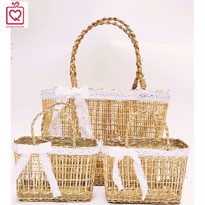 Túi đựng quà bằng cói thắt nơ Vintage, túi đi du lịch, picnic, đi biển  đan mây kèm nơ ren điệu đà