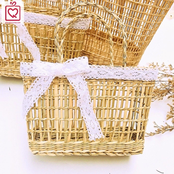 Túi đựng quà bằng cói thắt nơ Vintage, túi đi du lịch, picnic, đi biển  đan mây kèm nơ ren điệu đà