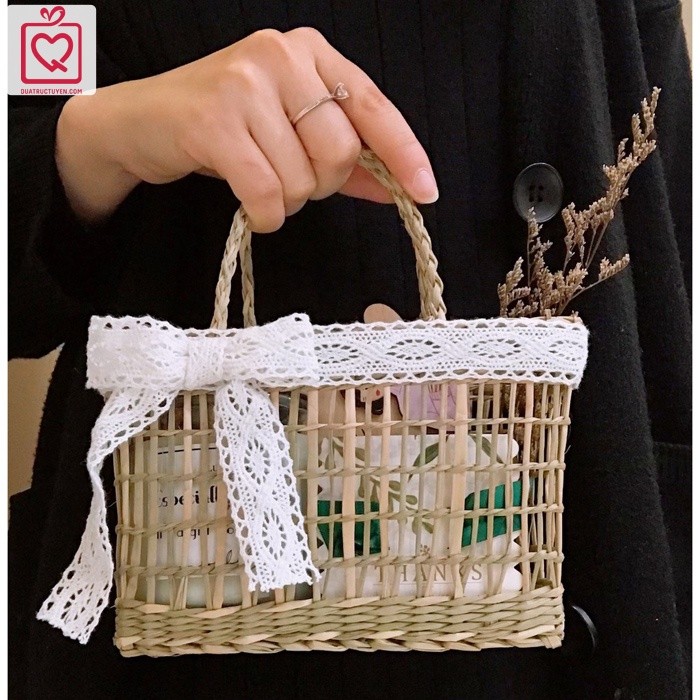 Túi đựng quà bằng cói thắt nơ Vintage, túi đi du lịch, picnic, đi biển  đan mây kèm nơ ren điệu đà