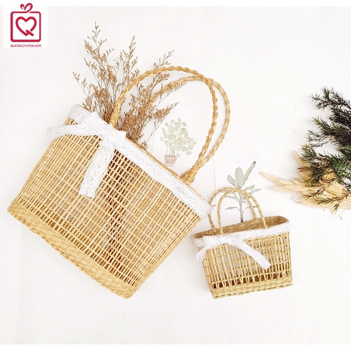 Túi đựng quà bằng cói thắt nơ Vintage, túi đi du lịch, picnic, đi biển  đan mây kèm nơ ren điệu đà