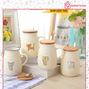 Cốc sứ trắng hình mèo nắp gỗ 400ml, mẫu cốc hình mèo thần tài, màu may mắn tặng bạn, người thân