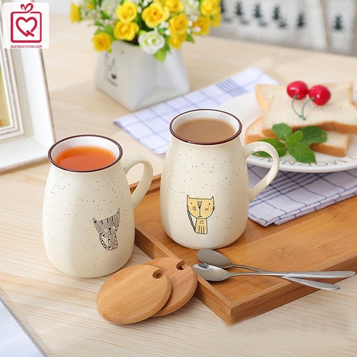 Cốc sứ trắng hình mèo nắp gỗ 400ml, mẫu cốc hình mèo thần tài, màu may mắn tặng bạn, người thân