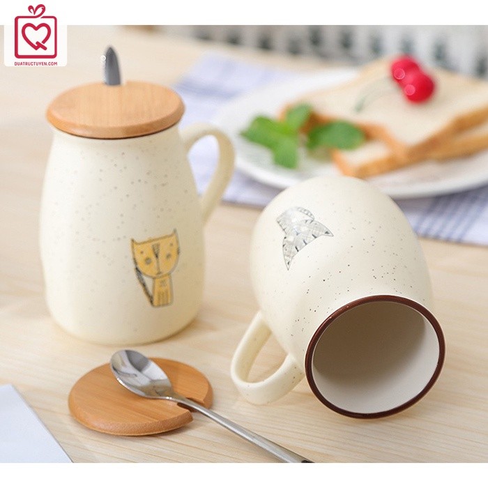 Cốc sứ trắng hình mèo nắp gỗ 400ml, mẫu cốc hình mèo thần tài, màu may mắn tặng bạn, người thân