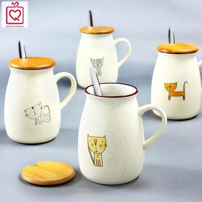 Cốc sứ trắng hình mèo nắp gỗ 400ml, mẫu cốc hình mèo thần tài, màu may mắn tặng bạn, người thân