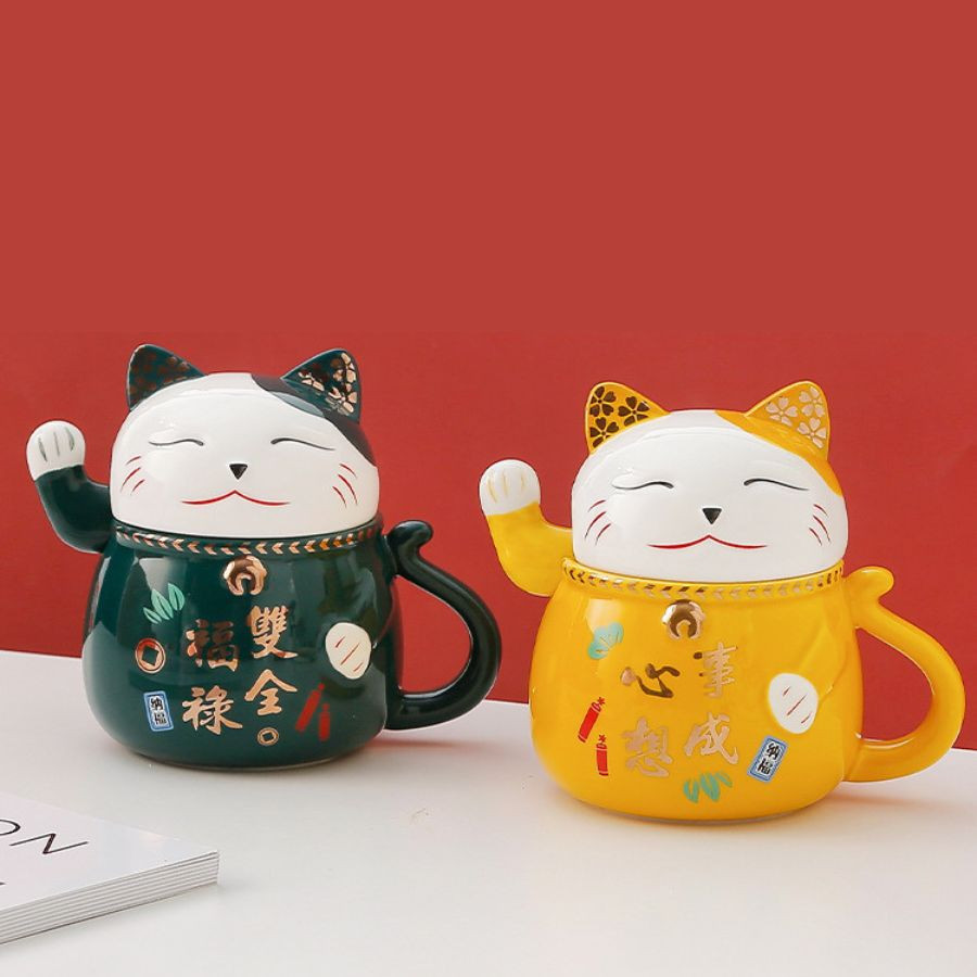 Cốc sứ có nắp hình mèo thần tài may mắn Nhật Bản nhiều mẫu