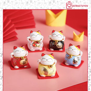 Bộ 5 mèo thần tài mini may mắn gốm sứ, mèo chiêu tài lộc để bàn, ô tô