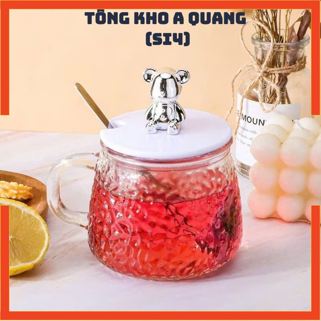 (COMBO 5) Ly Thủy Tinh Kèm Muỗng Dùng Hàng Ngày,Cốc Thủy Tinh Nắp Gấu Có Muỗng Xinh Xắn - CỐC NẮP GẤU CHỊU NHIỆT DÀY DẶN