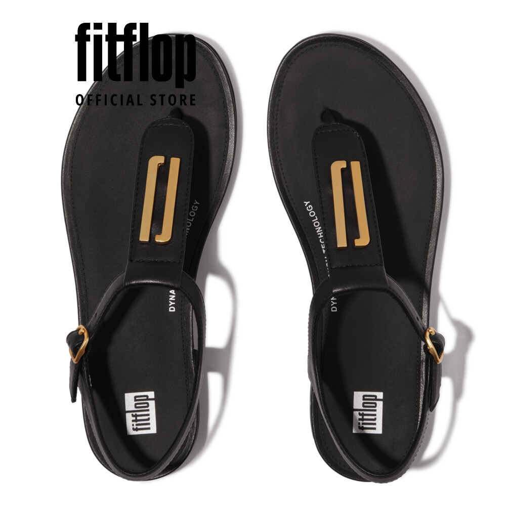 Dép Xăng Đan Nữ FitFlop Da GRACIE Viền Vàng Đai T - Black - FOT - JA5-090