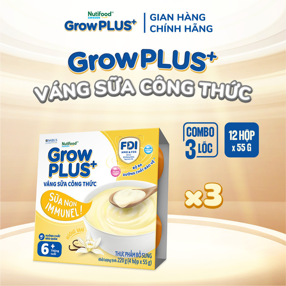 Combo 3 lốc GrowPLUS+ Váng sữa công thức Cao lớn vượt trội Vani & Socola (55g x 12 hộp)