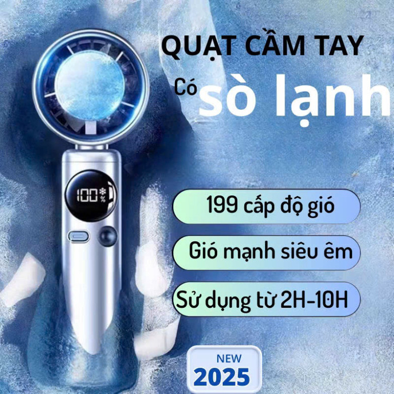 Quạt mini cầm tay sạc tích điện có sò lạnh, quạt Turbo 199 tốc độ gió màn hình LED,pin trâu 6000 mAh