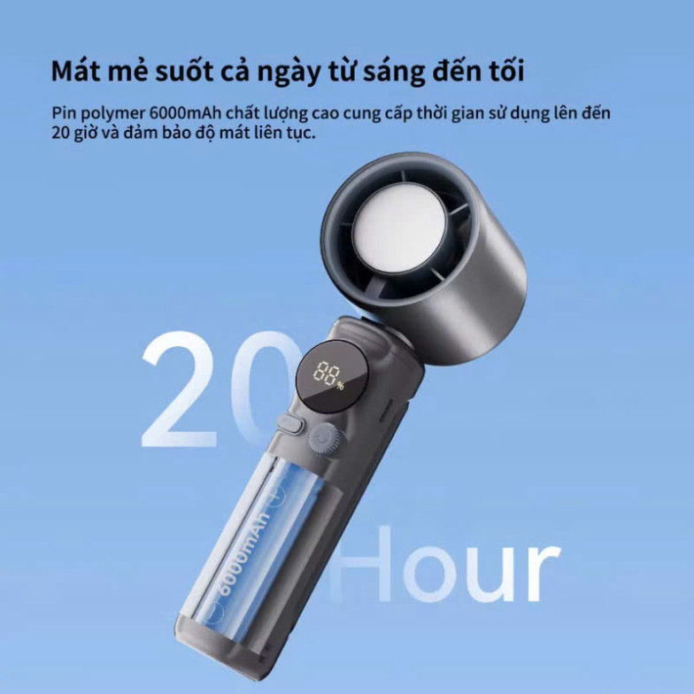 Quạt mini cầm tay sạc tích điện có sò lạnh, quạt Turbo 199 tốc độ gió màn hình LED,pin trâu 6000 mAh