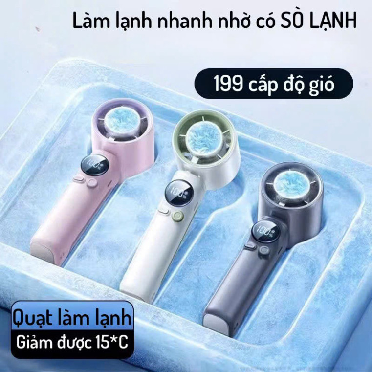 Quạt mini cầm tay sạc tích điện có sò lạnh, quạt Turbo 199 tốc độ gió màn hình LED,pin trâu 6000 mAh