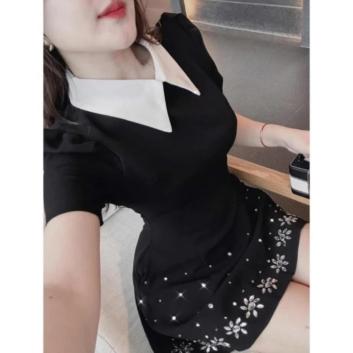 Váy Nữ Sang Chảnh, Váy Nữ Thiết Kế, Váy Ngắn Cổ Sơ Mi Đính Hoa Cườm Chiết Eo Chân Xòe HNS Ms64