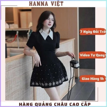 Váy Nữ Sang Chảnh, Váy Nữ Thiết Kế, Váy Ngắn Cổ Sơ Mi Đính Hoa Cườm Chiết Eo Chân Xòe HNS Ms64