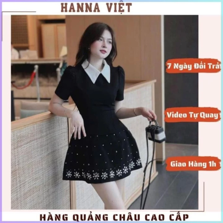 Váy Nữ Sang Chảnh, Váy Nữ Thiết Kế, Váy Ngắn Cổ Sơ Mi Đính Hoa Cườm Chiết Eo Chân Xòe HNS Ms64