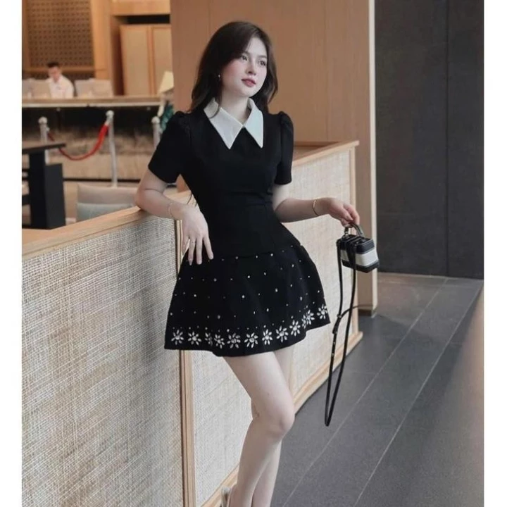 Váy Nữ Sang Chảnh, Váy Nữ Thiết Kế, Váy Ngắn Cổ Sơ Mi Đính Hoa Cườm Chiết Eo Chân Xòe HNS Ms64