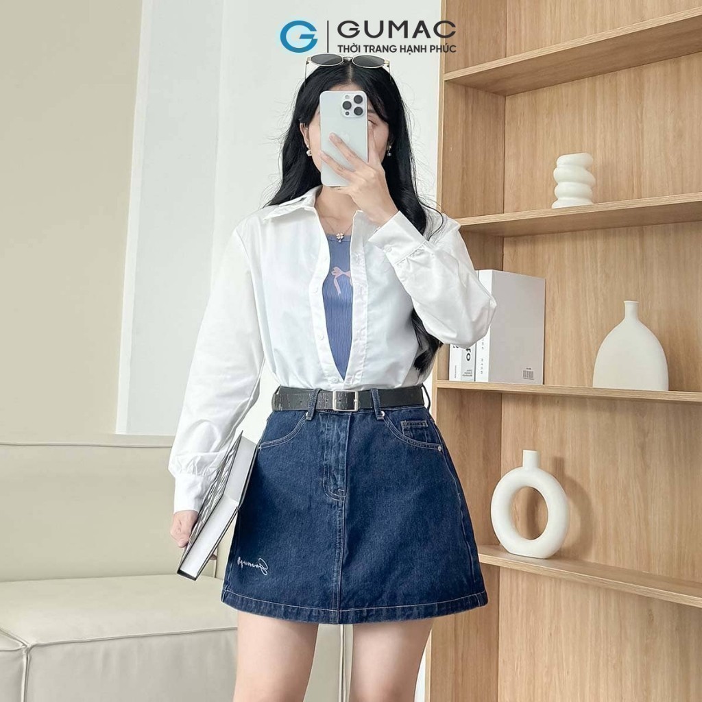 Áo sơ mi nữ Gmorning - GUMAC trắng tay dài phối viền ren vải si thoáng mát  YAE12016