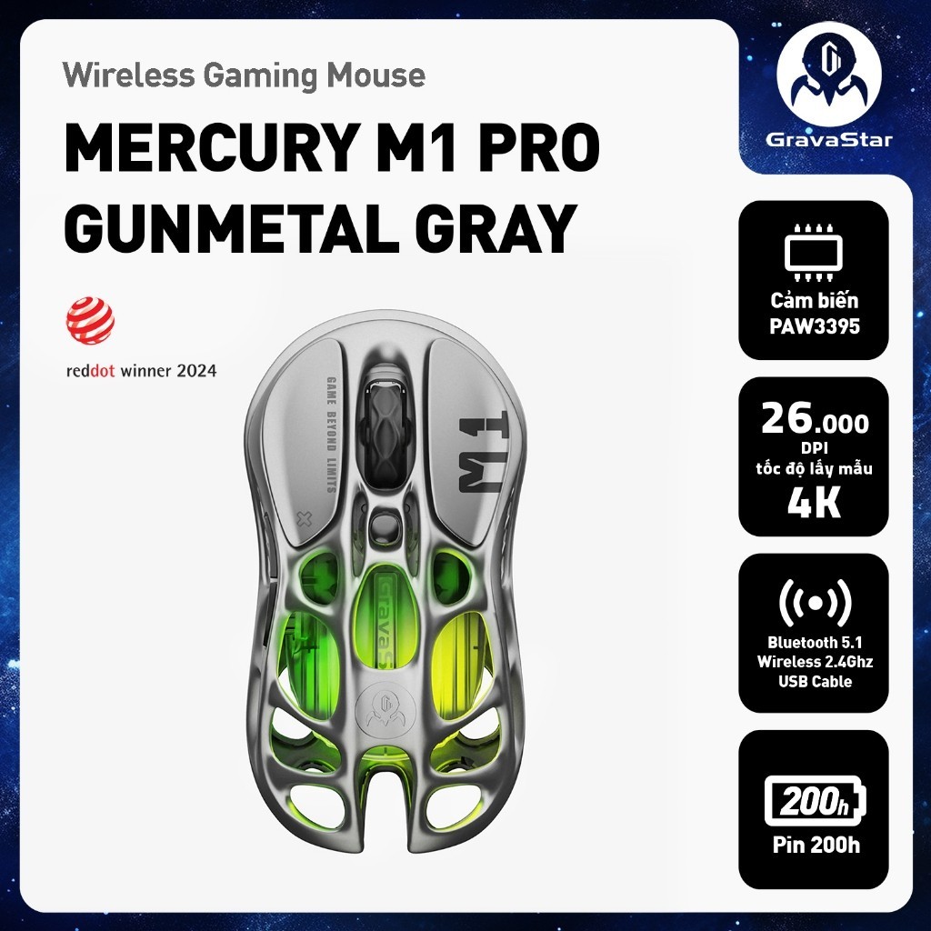 Chuột không dây Gaming GravaStar Mercury M1 Pro 26000 DPI 4K Polling Rate Pin 200 Giờ TURBOSPEED - Bảo hành 12 tháng | BigBuy360 - bigbuy360.vn