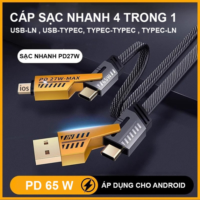 Cáp Sạc 4 TRONG 1 4in1 sạc nhanh 65W/27W tích hợp 4 cổng TypeC, USB - Đa Năng, Bền Bỉ Cho Mọi Thiết Bị, Chống cháy nổ