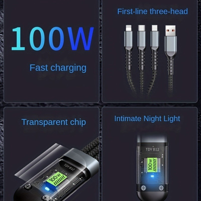 Dây cáp sạc siêu nhanh 3 đầu 3in1 .Dây Sạc Tự Ngắt 100W Tích Hợp 3 Cổng Micro Usb Type C dây dù chống đứt chống cháy