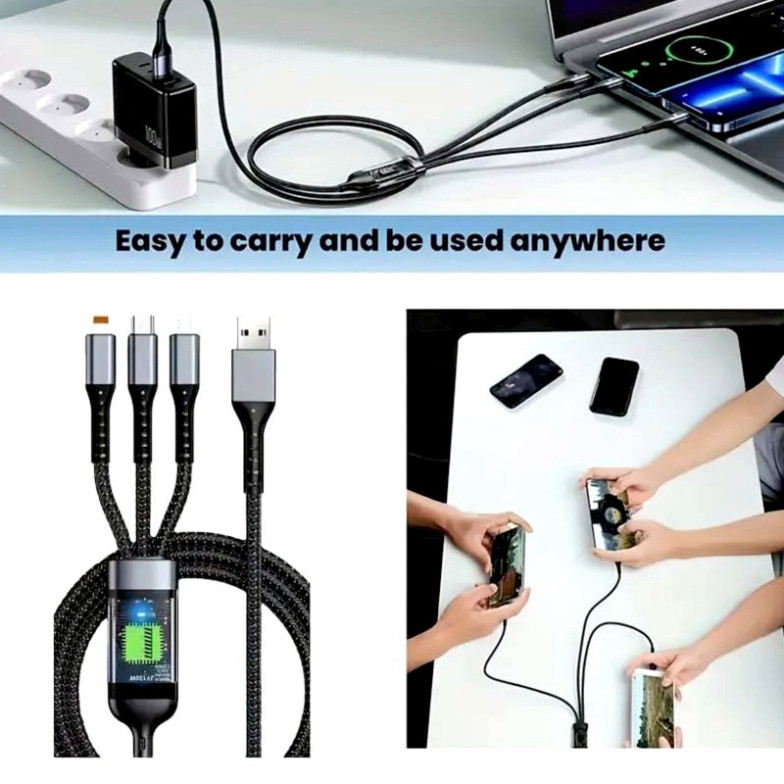 Dây cáp sạc siêu nhanh 3 đầu 3in1 .Dây Sạc Tự Ngắt 100W Tích Hợp 3 Cổng Micro Usb Type C dây dù chống đứt chống cháy