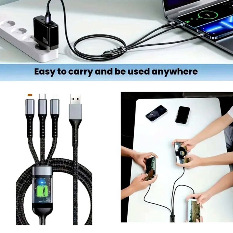 Dây cáp sạc siêu nhanh 3 đầu 3in1 .Dây Sạc Tự Ngắt 100W Tích Hợp 3 Cổng Micro Usb Type C dây dù chống đứt chống cháy