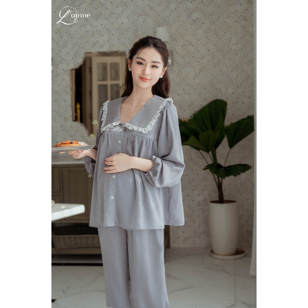 Bộ bầu mặc nhà (MIE) chất lụa ngọc trai tay dài thiết kế cổ sen phối ren điệu đà nữ tính by L'AMME