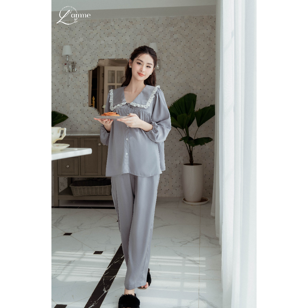 Bộ bầu mặc nhà (MIE) chất lụa ngọc trai tay dài thiết kế cổ sen phối ren điệu đà nữ tính by L'AMME