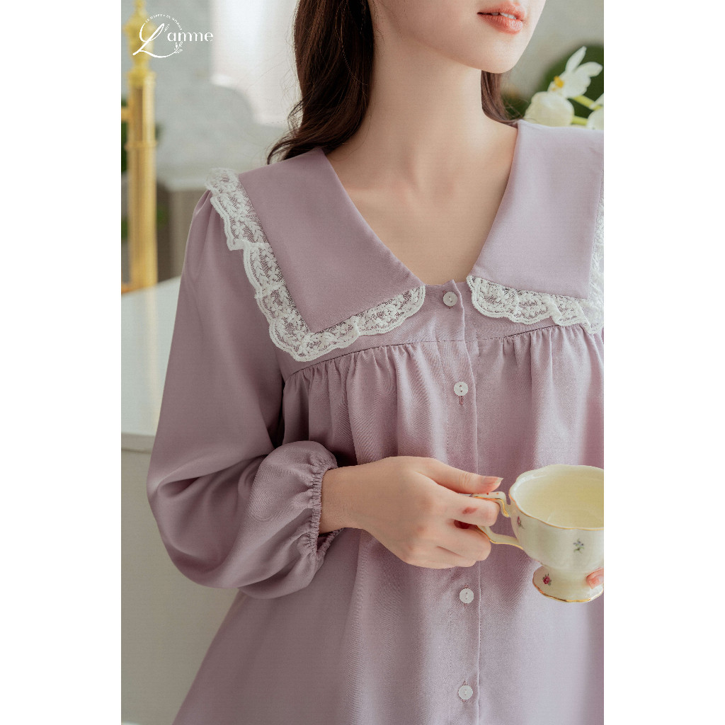 Bộ bầu mặc nhà (MIE) chất lụa ngọc trai tay dài thiết kế cổ sen phối ren điệu đà nữ tính by L'AMME
