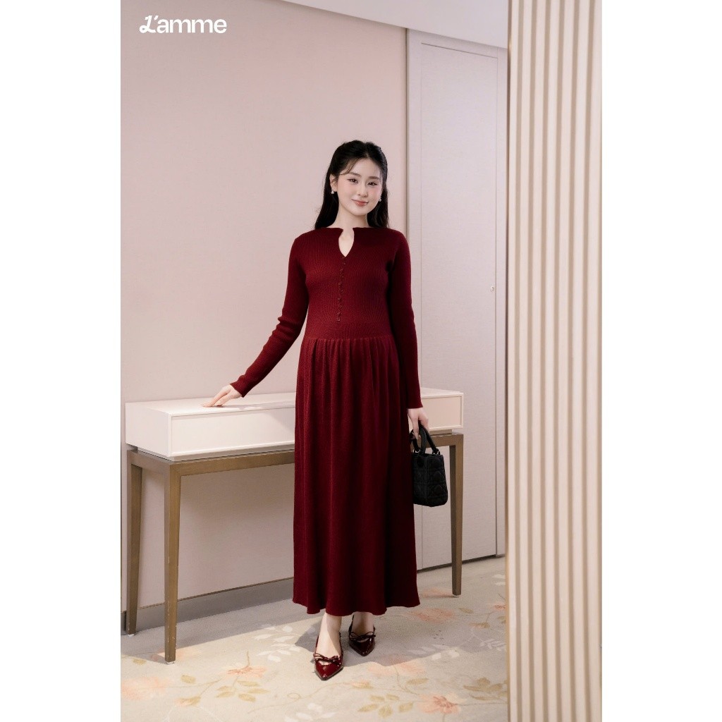 Váy len, đầm len bầu cổ cách điệu phối cúc VL044 freesize thiết kế xòe nhẹ, chất liệu len dệt mềm mại, ấm áp  BY L'AMME